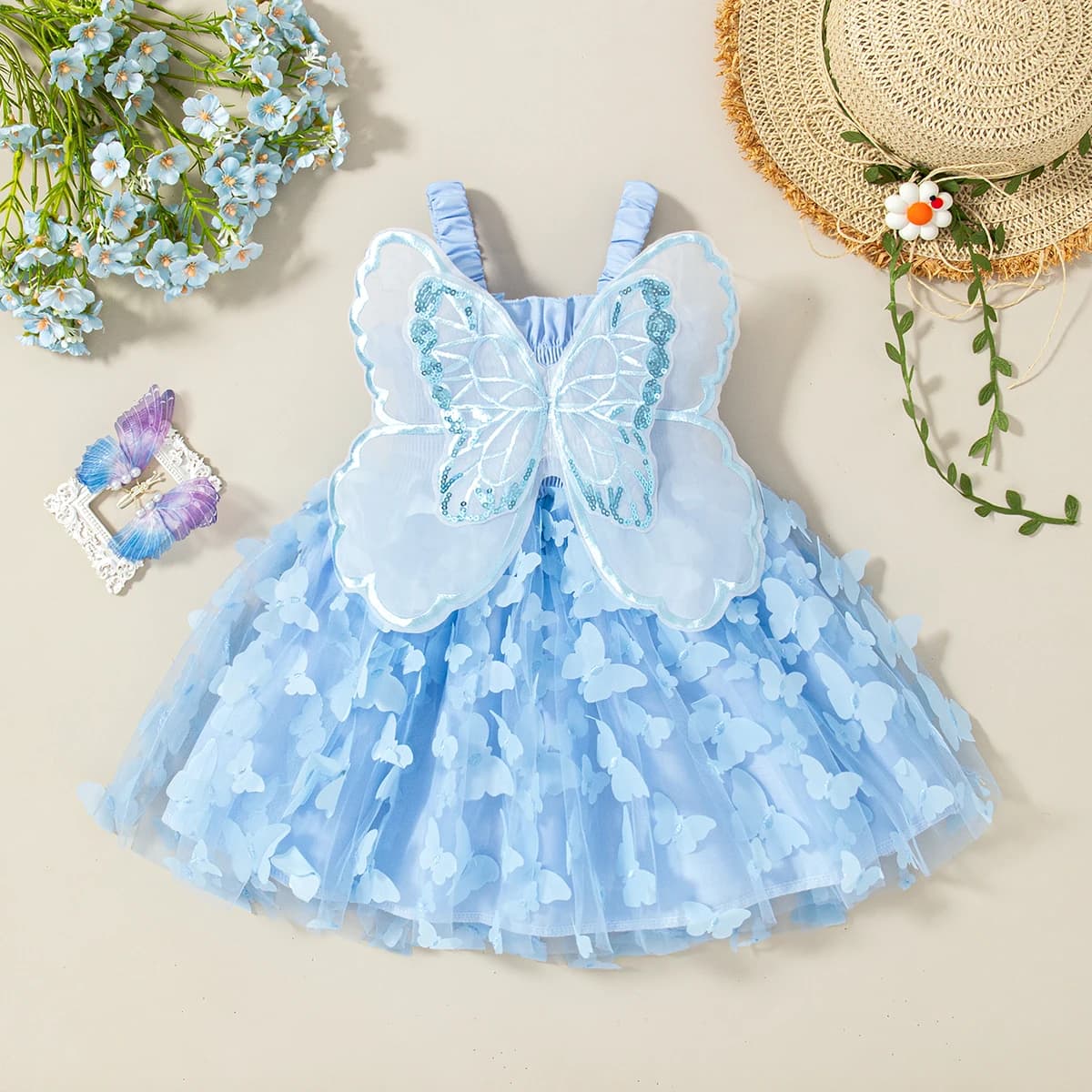 Summer New Baby Girl Suspender Dress Solid Color Butterfly Wing Gauze Dress Children's Birthday Party Dress