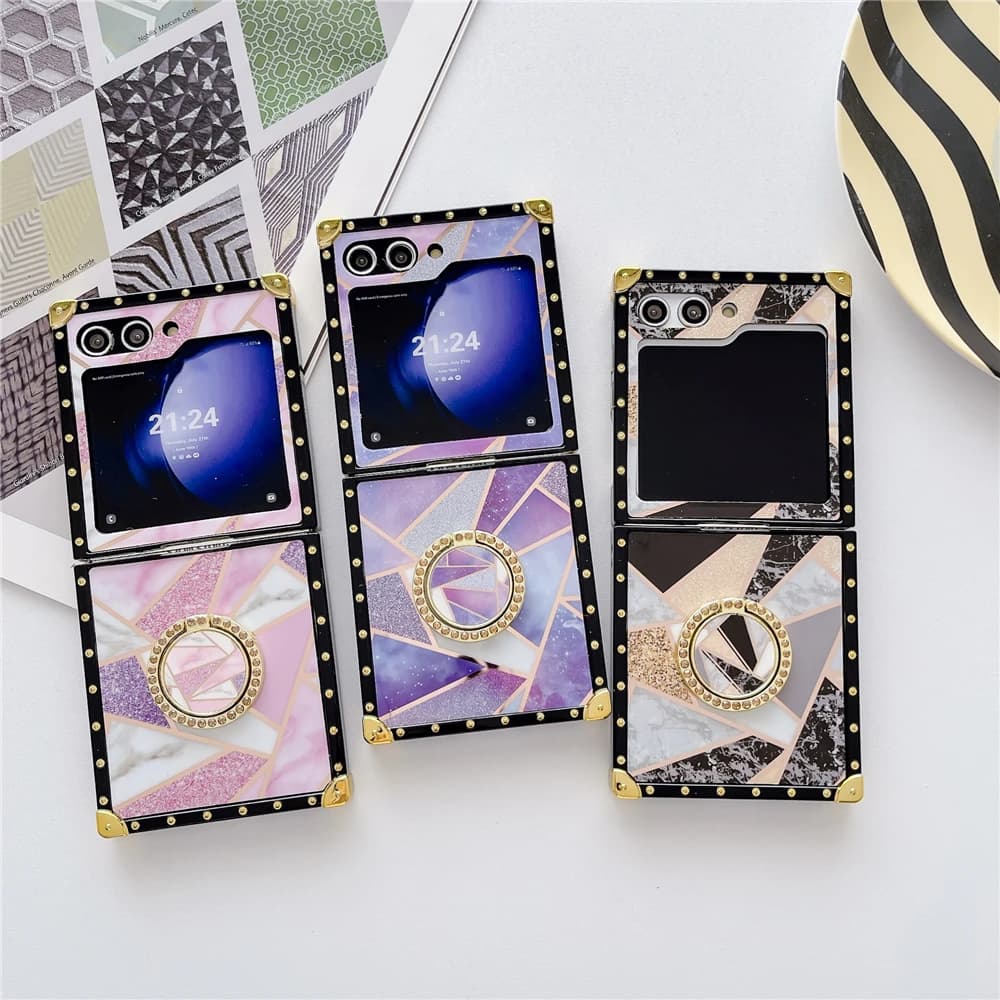 Luxury Glitter Geometry Pattern Case For Samsung Galaxy Z Flip 6 Flip 3 Leopard Lip Flower Cover For Samsung Z Flip 5 Flip 4