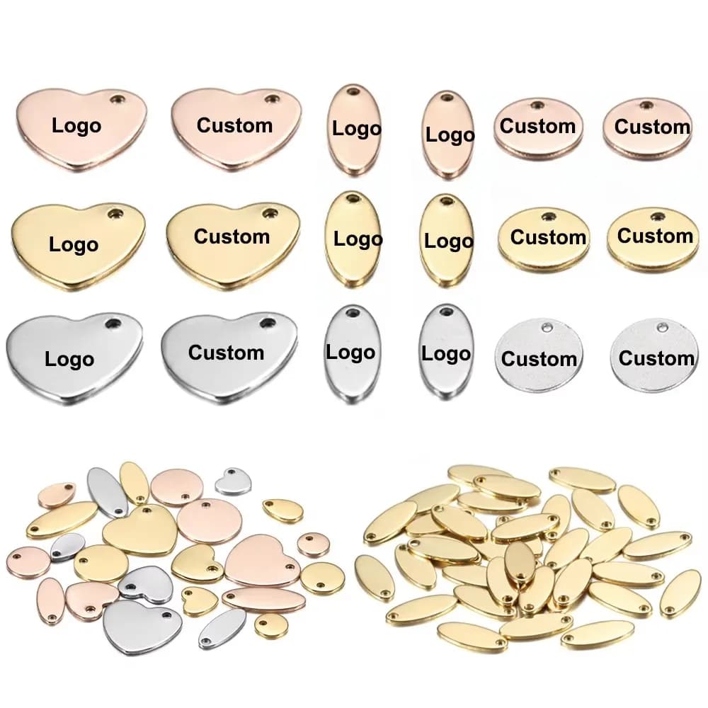 100pcs Custom Laser Engrave LOGO Stainless Steel Charm Heart-Shaped Round Oval Blank Pendant Dog Tag For DIY Jewelry Making