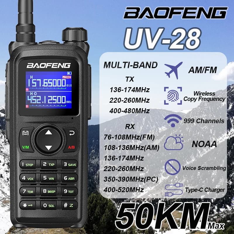 NEW 2024 BAOFENG UV-28 Walkie Talkie Portable Multi-Band 999CH Wireless Copy Frequency Long Range Type-C Am Fm Two Way Ham Radio
