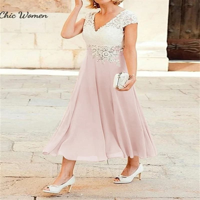 Customized Two Tone Color Mother Of The Bride Dress Tea Length Chiffon Maxi Evening Dress Lace V Neck Wedding Guest Dress 2024