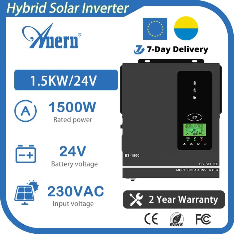 Anern 1500W 1000W Hybrid Solar Inverter 80A MPPT Charger 12V 24V to 230V Max PV 150VDC Pure Sine Wave Inverter for Home Backup