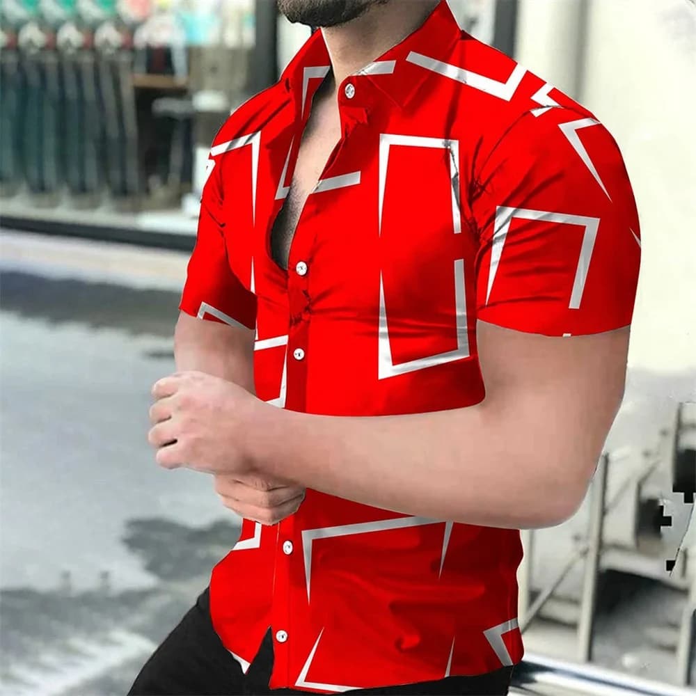 Men's Geometric Line Printed Shirt, Summer Casual Fashion, Lapel Button,Comfortable Fabric, Short Sleeve Shirt, 2024