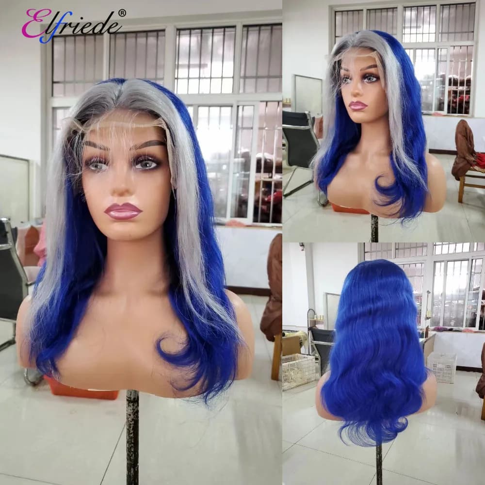 Elfriede Blue Grey Skunk Stripe Body Wave Hair Wigs for Women Colored Lace Wig 4x4 13X4 13X6 HD Lace Frontal Wig Human Hair Wigs