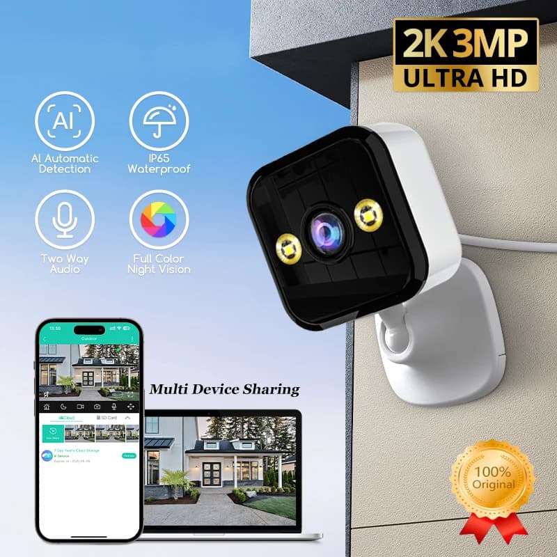 2025 New 2K Security Camera 3MP HD Wifi Smart Home Webcam 2-Way Audio Color Night Motion Detect Surveillance Cam With Lights