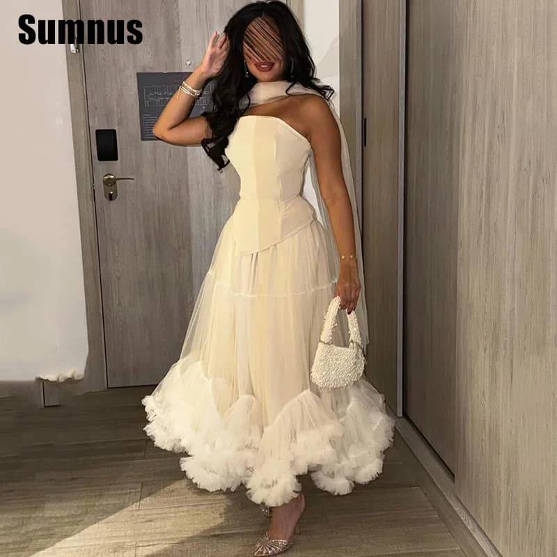 Sumnus White Tulle Evening Prom Gowns Strapless A-Line Ankle-Length Sleeveless Party Dress Pleats Tiered Gowns Customized