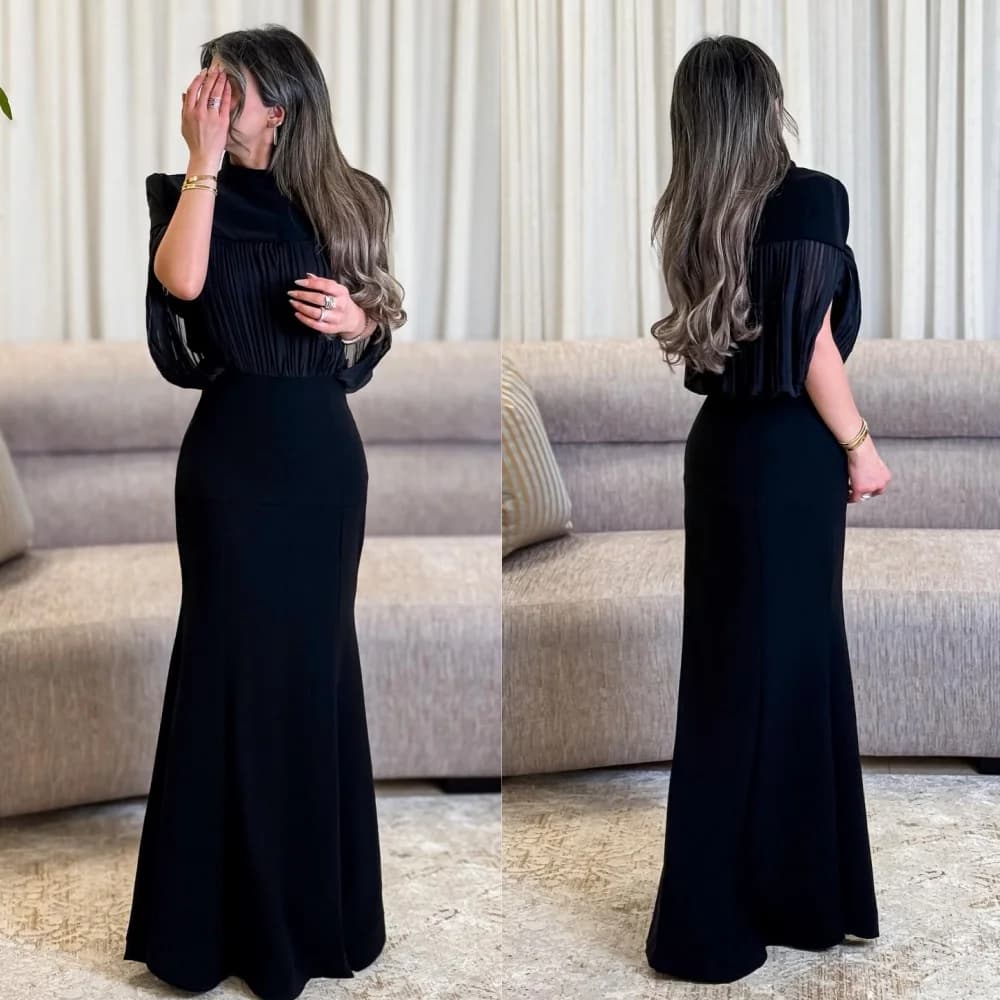 Customized Formal Fashion Jersey Pleat Ruched Draped Mermaid High Collar Long Dresses Bespoke Occasion Dresses High Quality Sexy