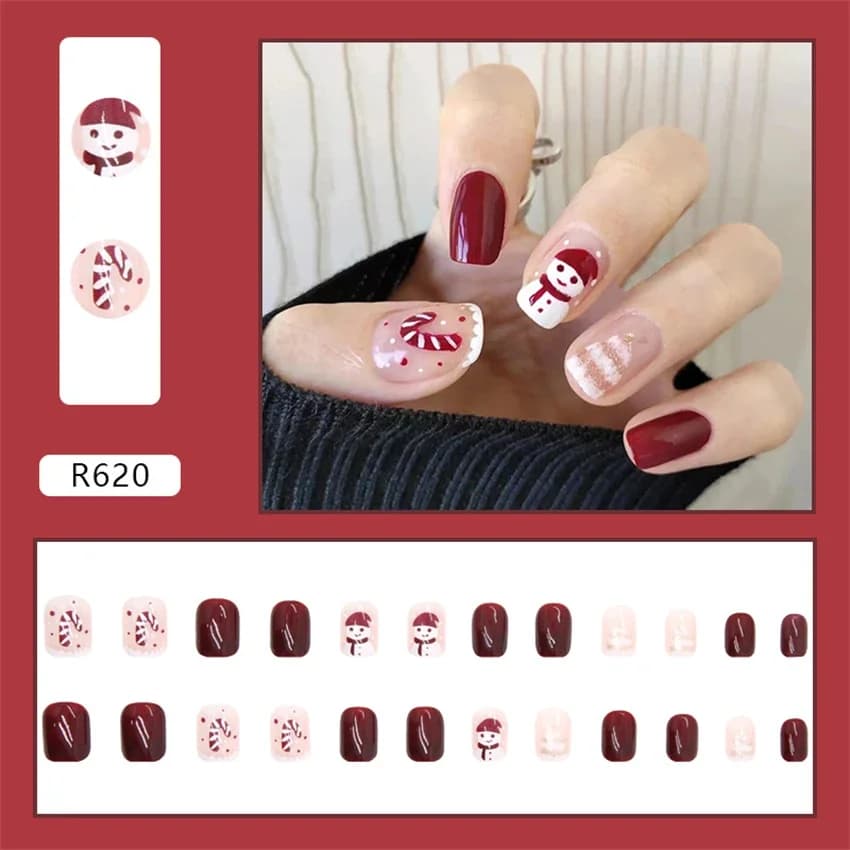 24Pcs/Set New Year Christmas Style Fake Nails Short Red Color Wearing False Nails Tips Full Coverage Removable Press on Nails