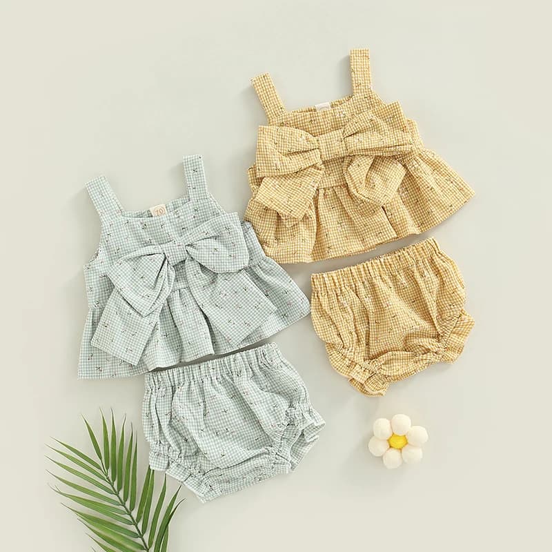 Baby Infant Two Piece Set, Sleeveless Floral Plaid Pattern Bow Decor Camisole Tops Elastic Waist Shorts