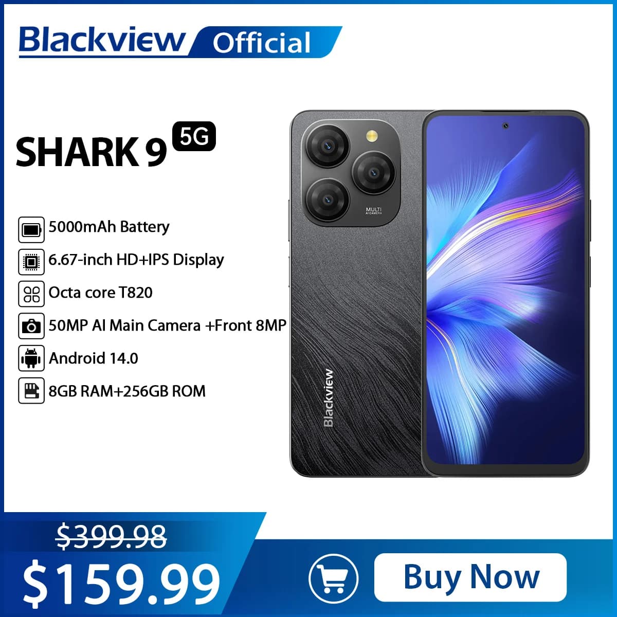 Blackview SHARK 9 5G Smartphone 6.67'' HD Display,T820 Octa core,8GB+256GB,50MP AI Camera Phone 5000mAh 18W Fast Charging NFC