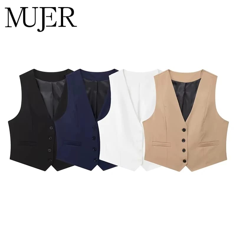 MUJER 2025 Black White Sleeveless Vest Woman Fashion V Neck Cropped Vest Top Female Summer Working Suit Vest Button Short Coats
