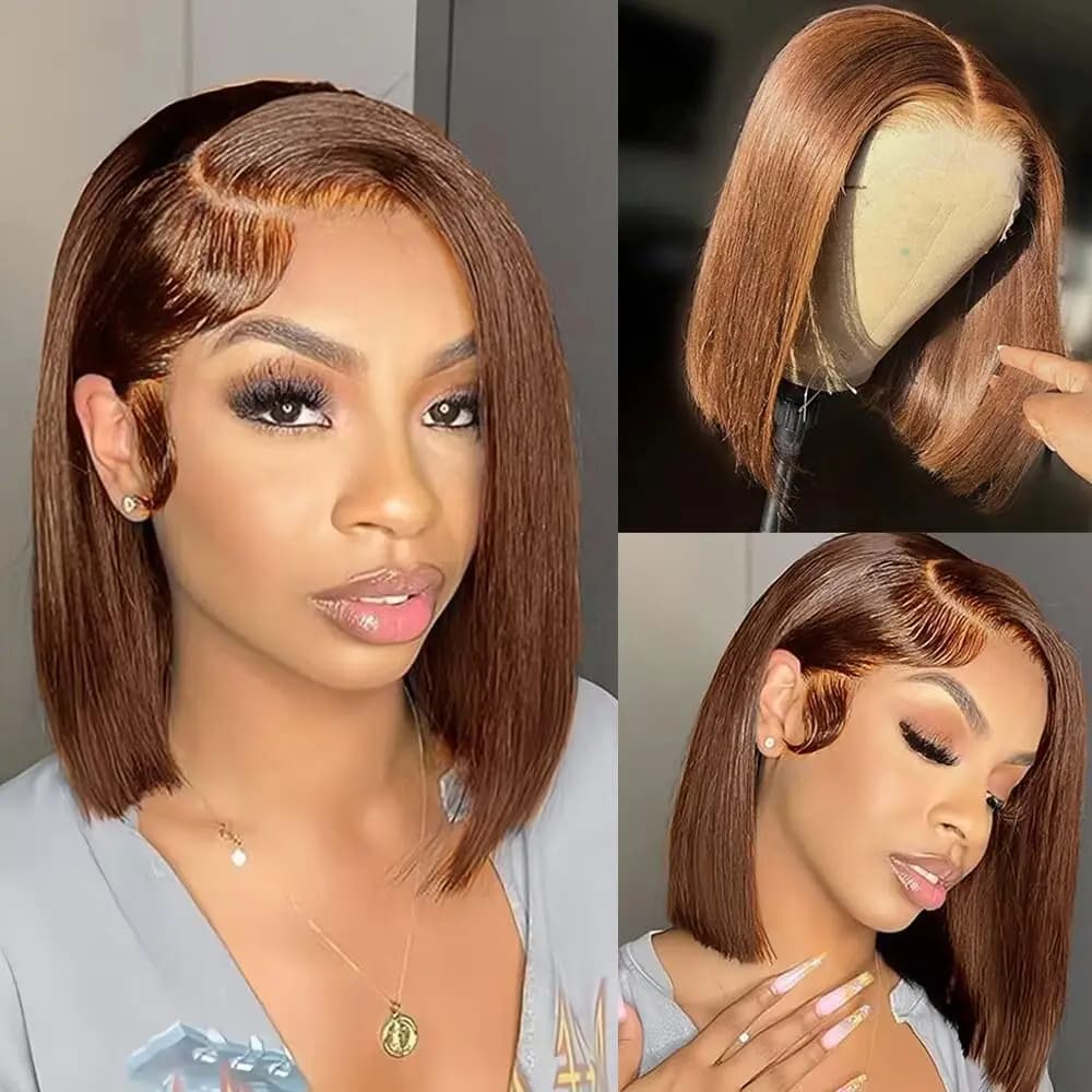 Dark Brown Short Bob Wig 4# Chocolate Brown Real Human Hair Straight 13X4 Lace Front Wigs Pre-Plucked For Woman 10-16 Inch