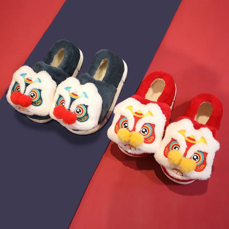 Lion Awakening Winter Plush Slippers Soft, Comfortable, Warm Indoor Slippers Creative Design Available in Red and Blue Colors