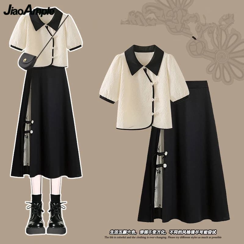 2025 Summer Chinese Style Women Graceful Shirt Skirts 1 or Two Piece Set Lady Short Sleeve Blouse Black Skirt Outfits New Tops