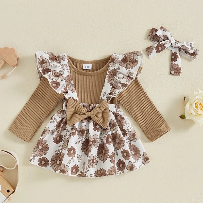 Baby Girls Spring Outfits Short Sleeve Ribbed Rompers + Suspender Skirt + Headband Sets Newborn Autumn 3 Piece Clothes