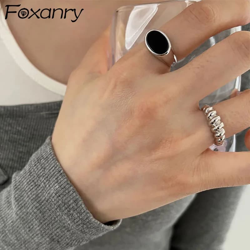 Foxanry Silver Color Ellipse Black Zircon Rings For Women Couples Fashion Personality Simple Hip Hop Classic Daily Party Jewelry