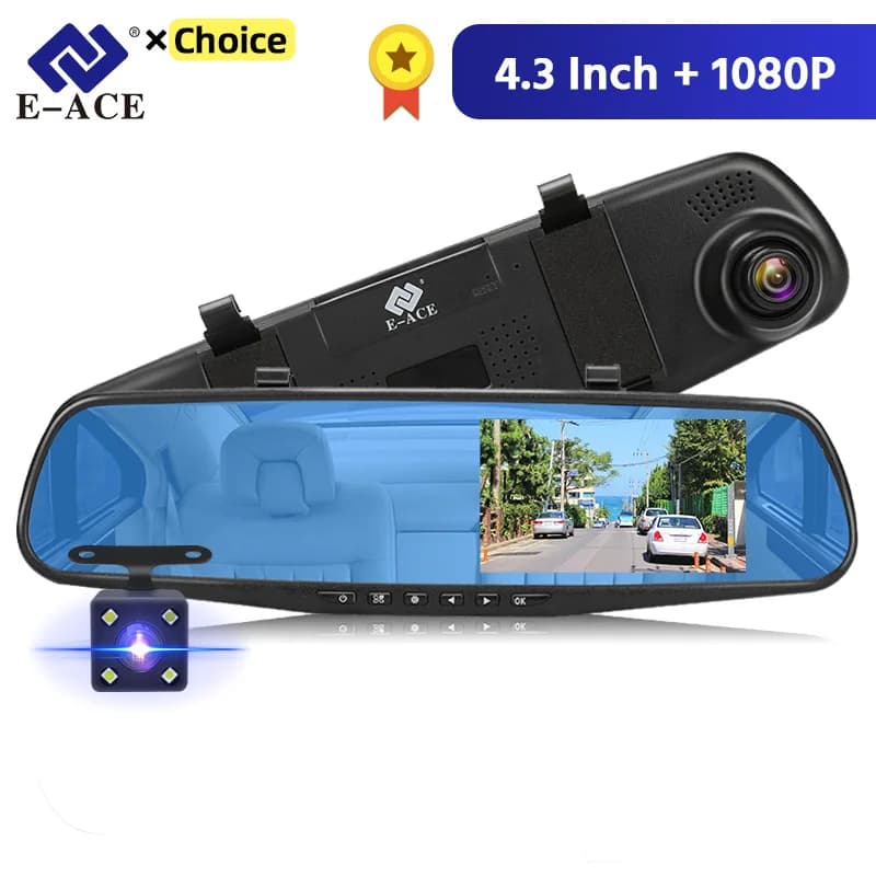 E-ACE Dashcam Car Dvr 4.3 Inch Mirror FHD 1080P Camera Optional Dual Lens DVR  Rearview Mirror Dash Camera Video Recorder Auto