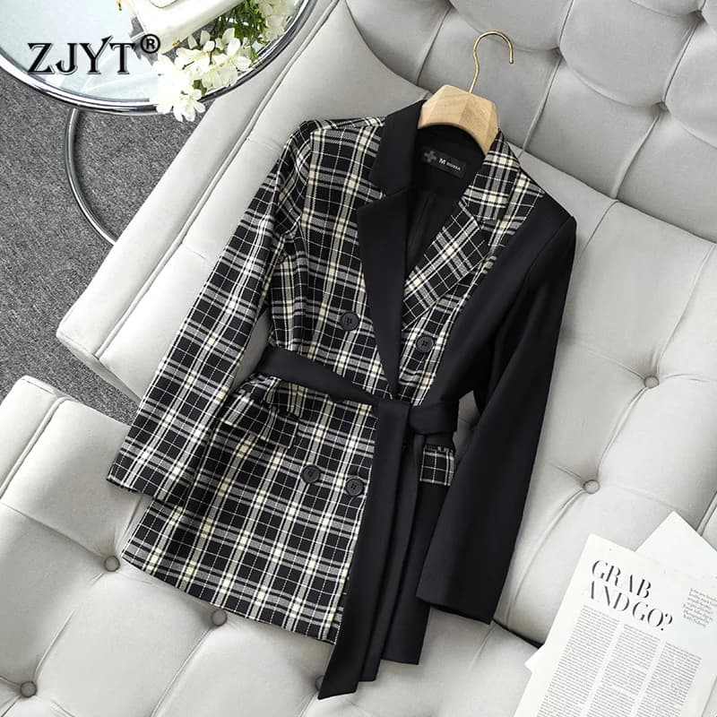 ZJYT Autumn Korean Fashion Plaid Print Blazers for Women Office Lady Jacket Coat Feminino Plus Size Outerwears Veste Femme Black