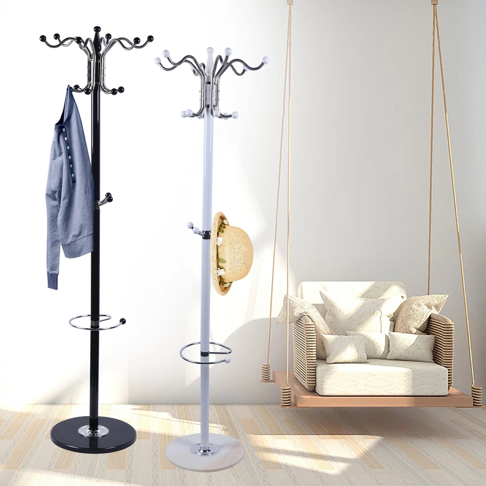 67" Metal Coat Tree, Coat Racks with 16 Hooks, Hat Jacket Stand Tree Holder Hanger Rack w/Marble Base