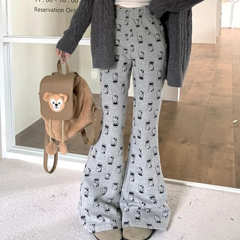Sanrio Hello Kitty Full Print Loose Casual Pants Women's Spring Autumn Cute Micro Flared Pants Korean Wide Leg Sports Trousers