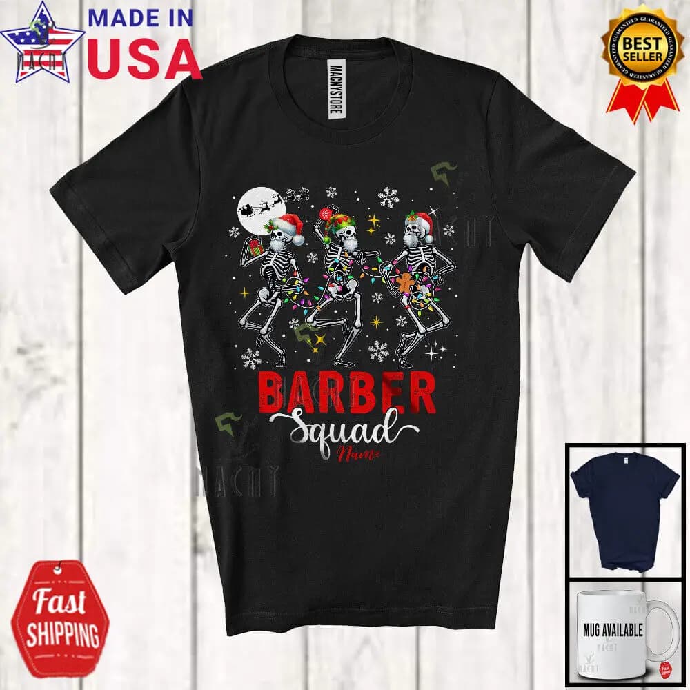 Custom Name Barber Squad; Joyful Christmas Three Dancing Skeletons T-Shirt