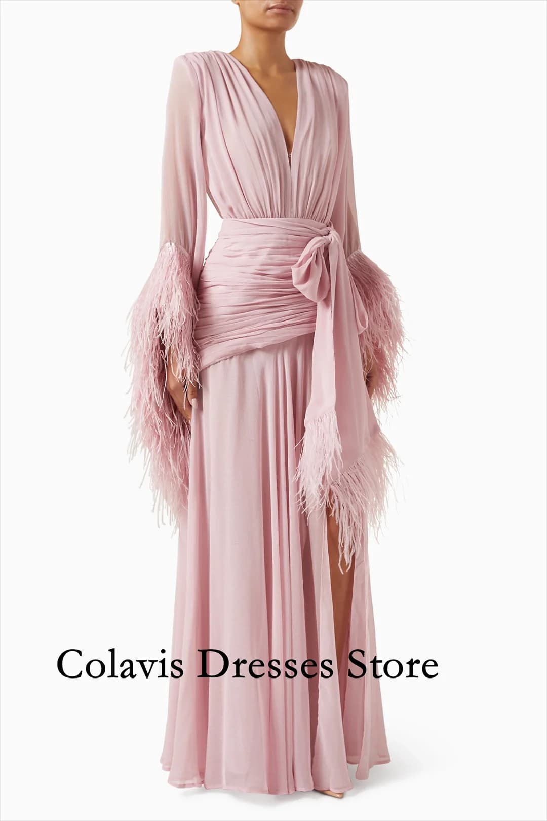 2025 Customized Deep V-Neck Flare Sleeves Feather Pink Chiffon Prom Dresses Evening Dress Women Evening Gowns Formal Party Dress