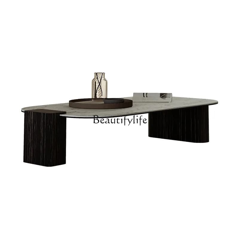 Italian minimalist living room rectangular coffee table glass rock slab high-end ebony wood grain coffee table