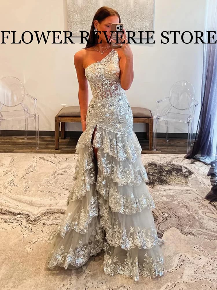 Customized Exquisite Fashion Classic High quality Net Tiered Applique Ball One-shoulder Long Dresses Prom Dresses