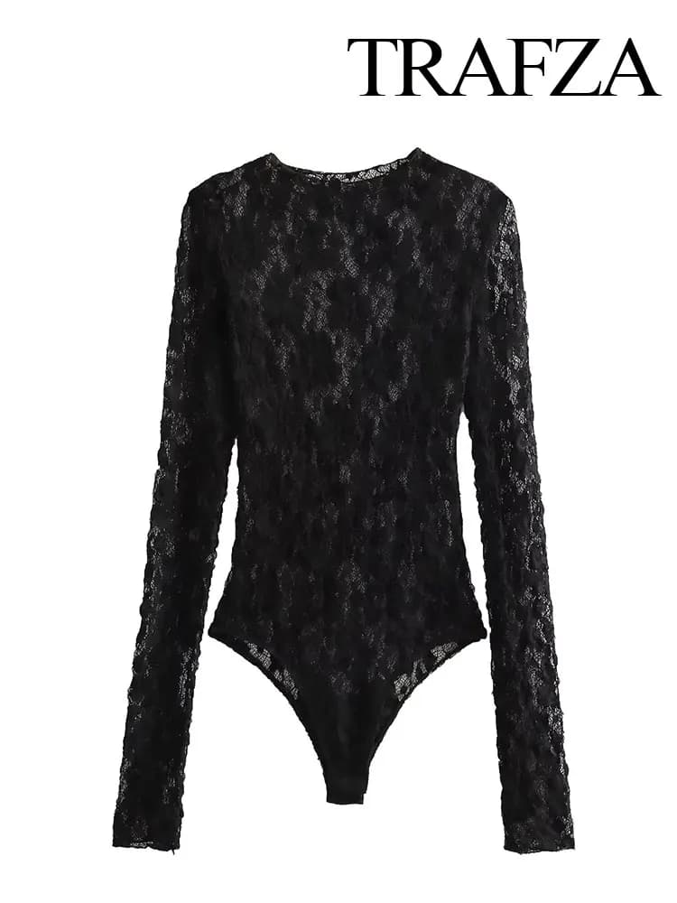 TRAFZA Summer Lace Jumpsuits For Women Fashion New Long Sleeves Hollow Out Slim Onesies Female Chic Wild Women's Bodysuits