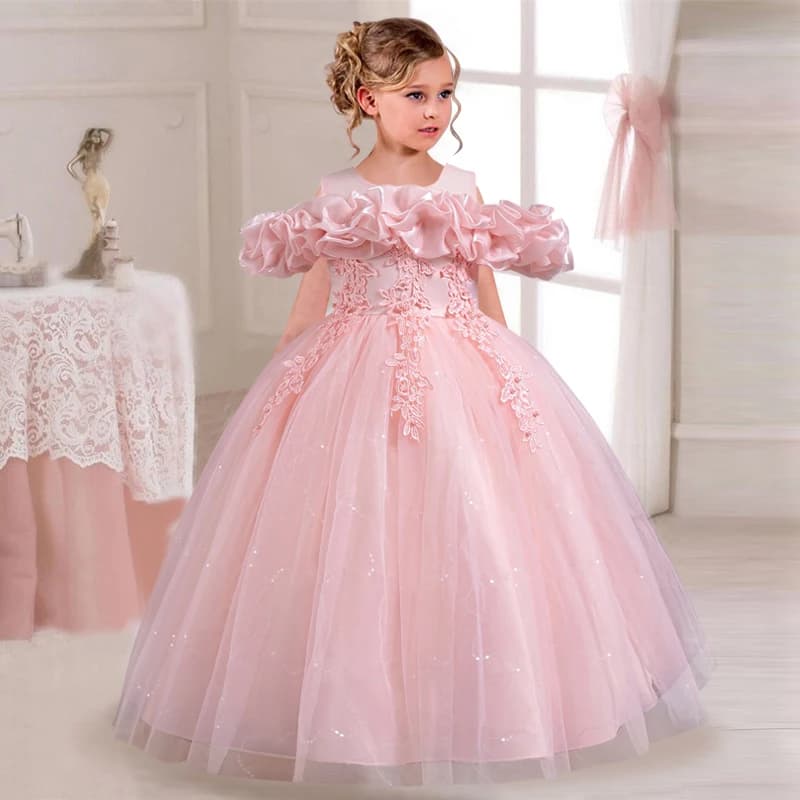Girl's Pearl Embroidered Princess Dress 4-12 Years Old Fashion Off Shoulder Bubble Sleeve Mesh Dress Birthday Wedding Flower Gir