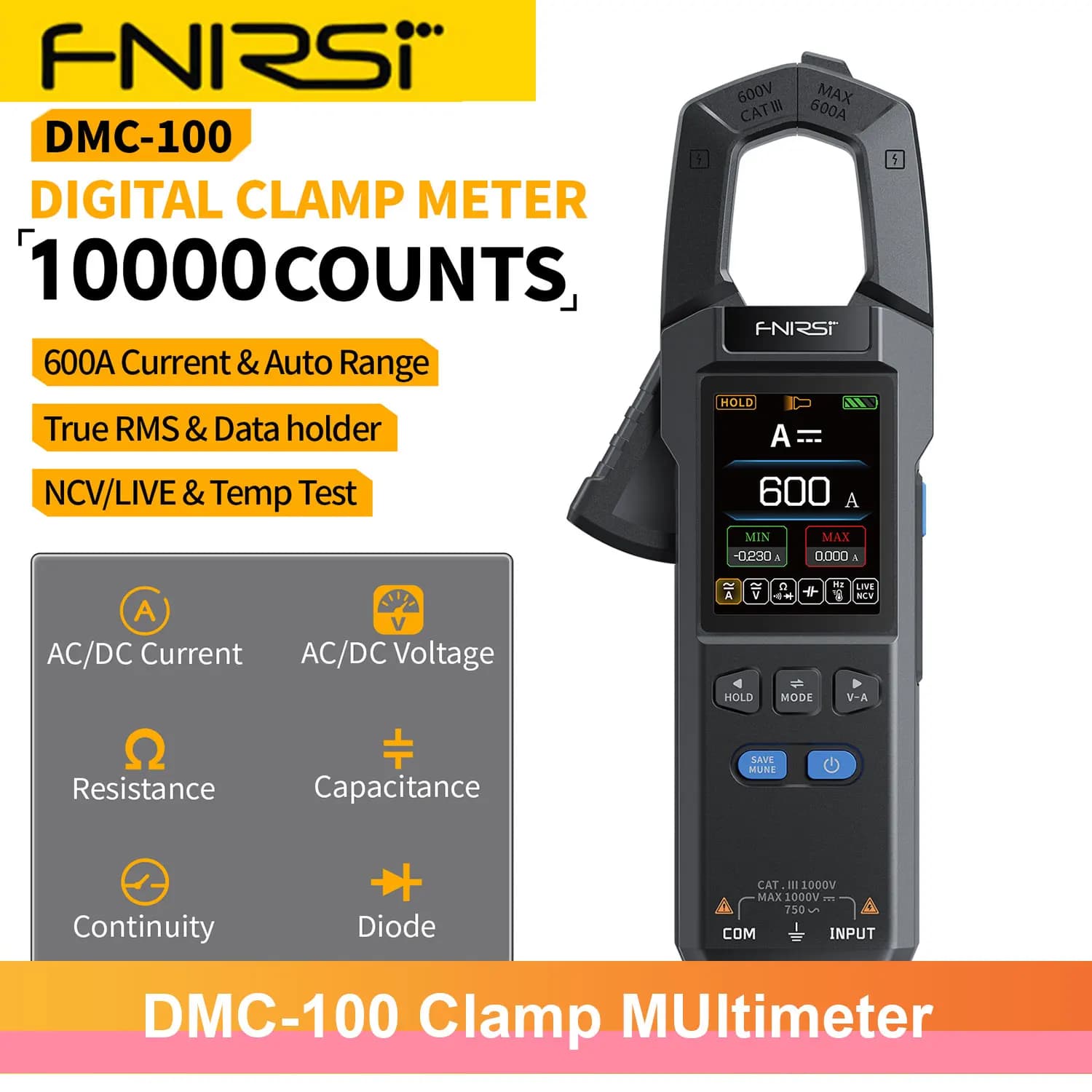 FNIRSI DMC-100 10000 Counts Clamp Meter AC DC Current Digital Multimeter USB Charge 600A Amperimetric Clamp Electrician Tools