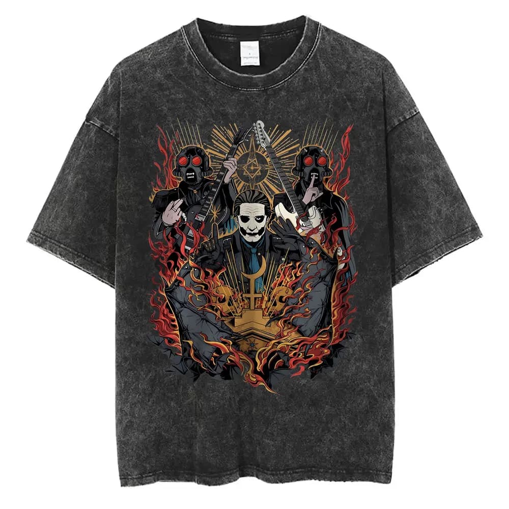 Washed Vintage Ghost Band T-shirt Men's Summer Oversized Tshirt Male 90s Gothic Streetwear Men Women Rock Metal Music T Shirts