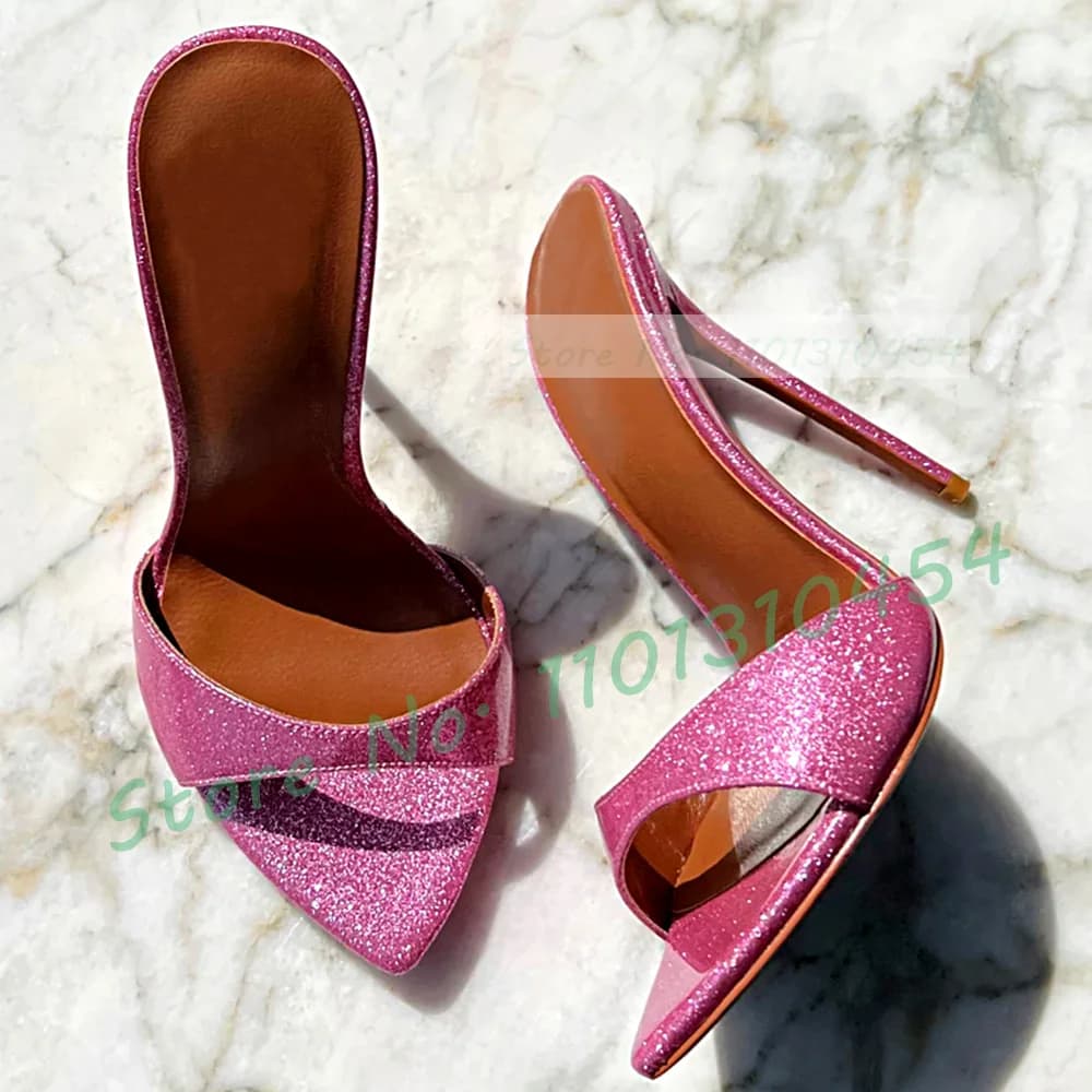 Open Pointy Glitter Mules With High Heels Women Holiday Elegant Summer Croc Leather Shoes Lady Multicolor Party Casual Slippers