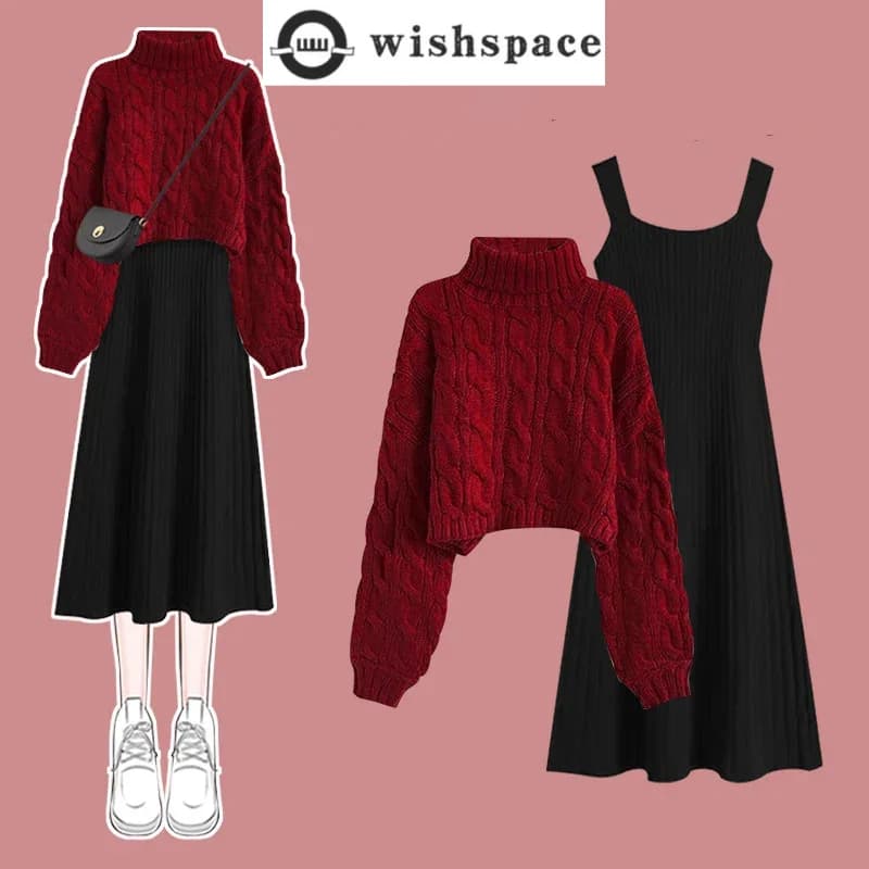 Thickened Linen Pattern Knitted Sweater Pullover Suspender Knitted Dress Two-piece Elegant Women's Dress Suit Outfits Clothings