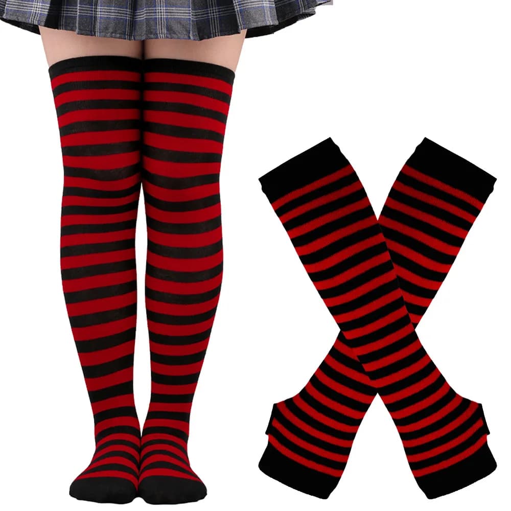 2Pair/Set Women Gothic Punk Over Knee Long Stripe Socks Girl Arm Sleeve Gloves Thigh High Cotton Socks Sweet Cute Christmas Gift