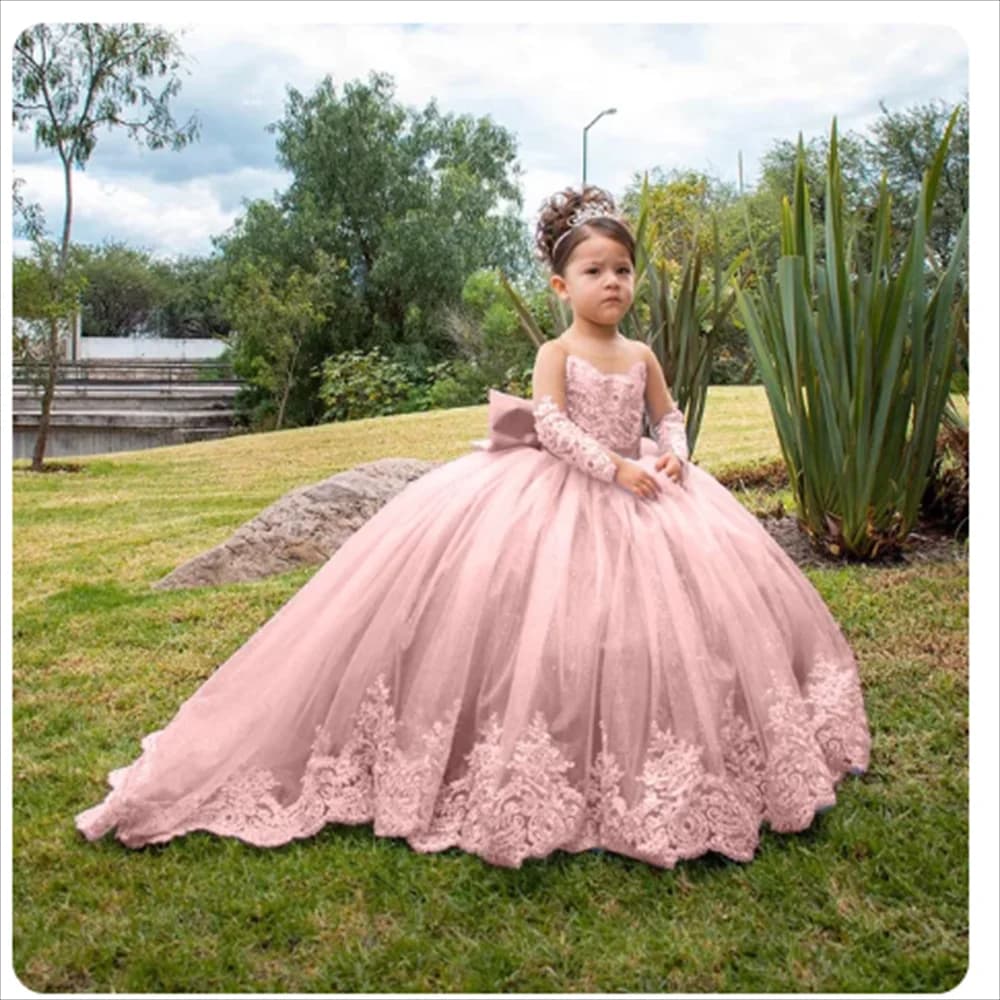 Lace Appliques Flower Girl Dresses For Wedding Full Sleeves  Princess First Communion Dress Toddlers Long Birthday Party Gowns