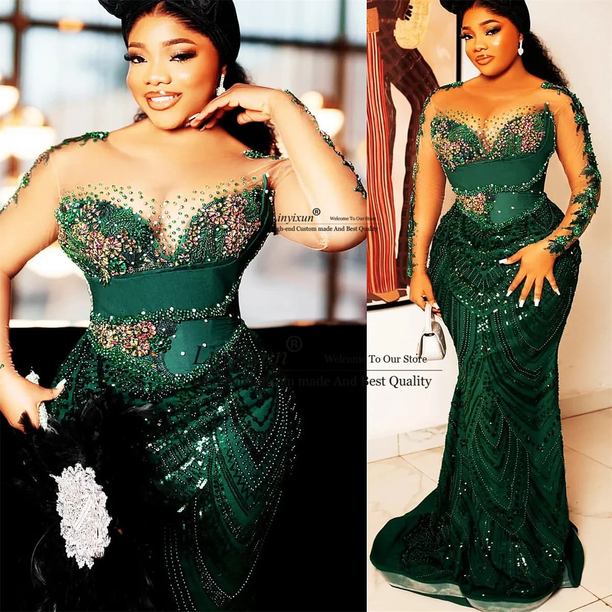 Aso Ebi Mermaid Prom Dress Beaded Crystals Formal Evening Party Gala Gowns Sexy See Throuh Birthday Customized Robe De Soiree