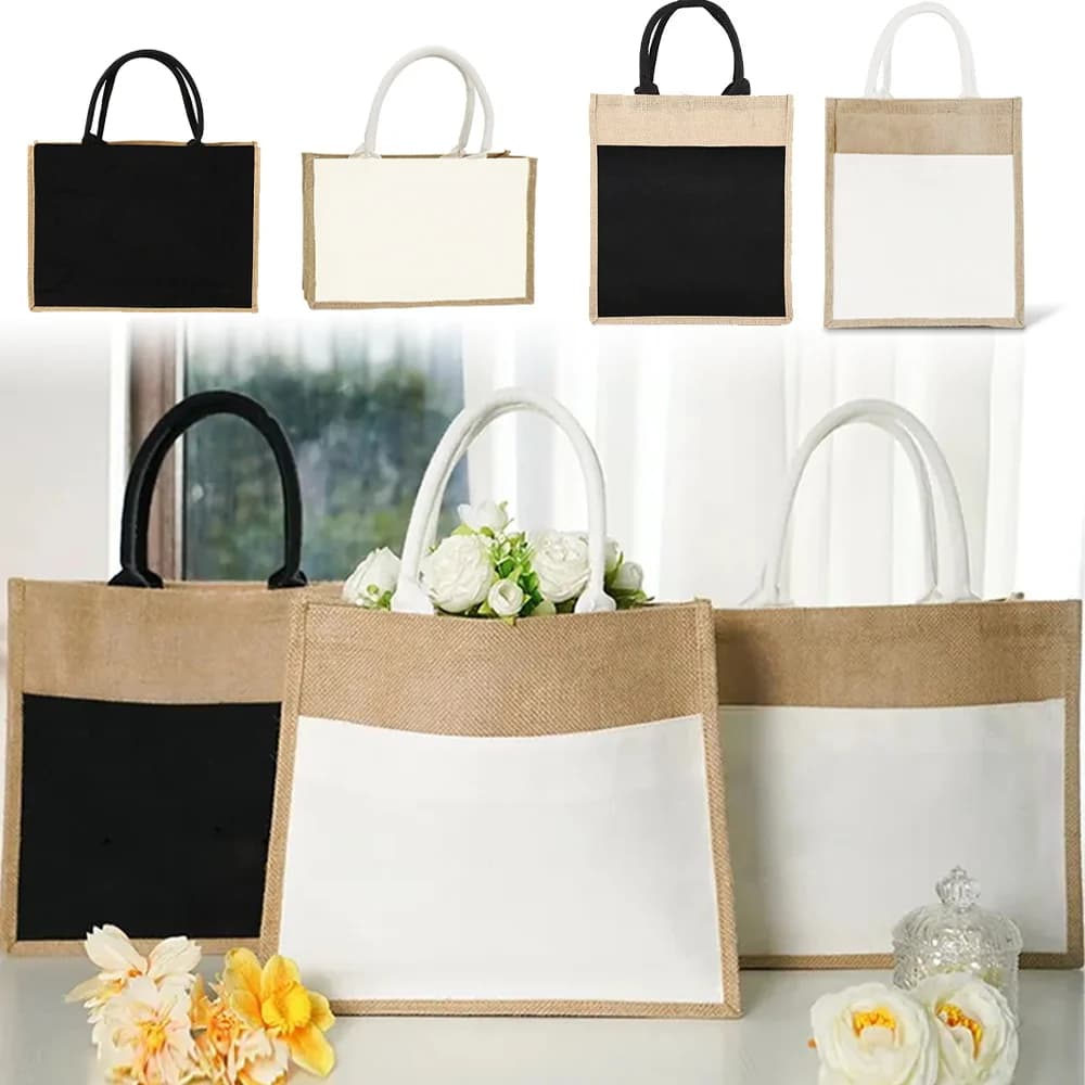 Jute Tote Bag Shopping Bag Vintage Handbags Portable Summer Beach Bags Reusable Handle Shopping Grocery Bags Multiple Styles