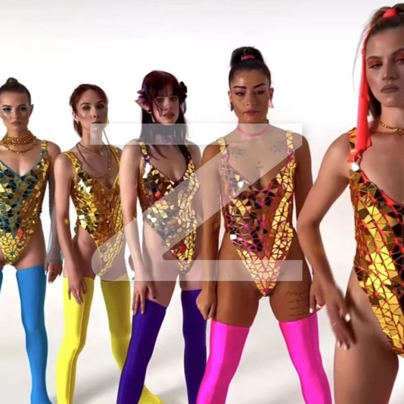 New Sexy Pole Dance Clothing Shiny Gold Mirrors Bodysuit Fluorescent Legs Covers Women Rave Outfits Bar Nightclub Stage Wear ﻿