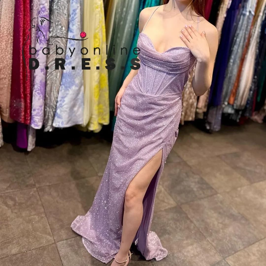 BABYONLINE Customized Bridesmiad Dress with Thin Strap Corset Bustier Lace up Back Mermiad Dress Leg Side Split Wedding Guest