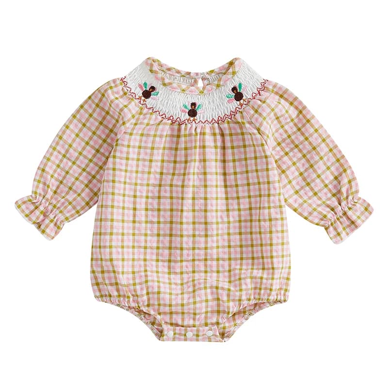 Baby Girls Thanksgiving Romper Turkey Embroidered Plaid Long Sleeve Jumpsuits for Newborn Infant Toddler Fashion Clothes