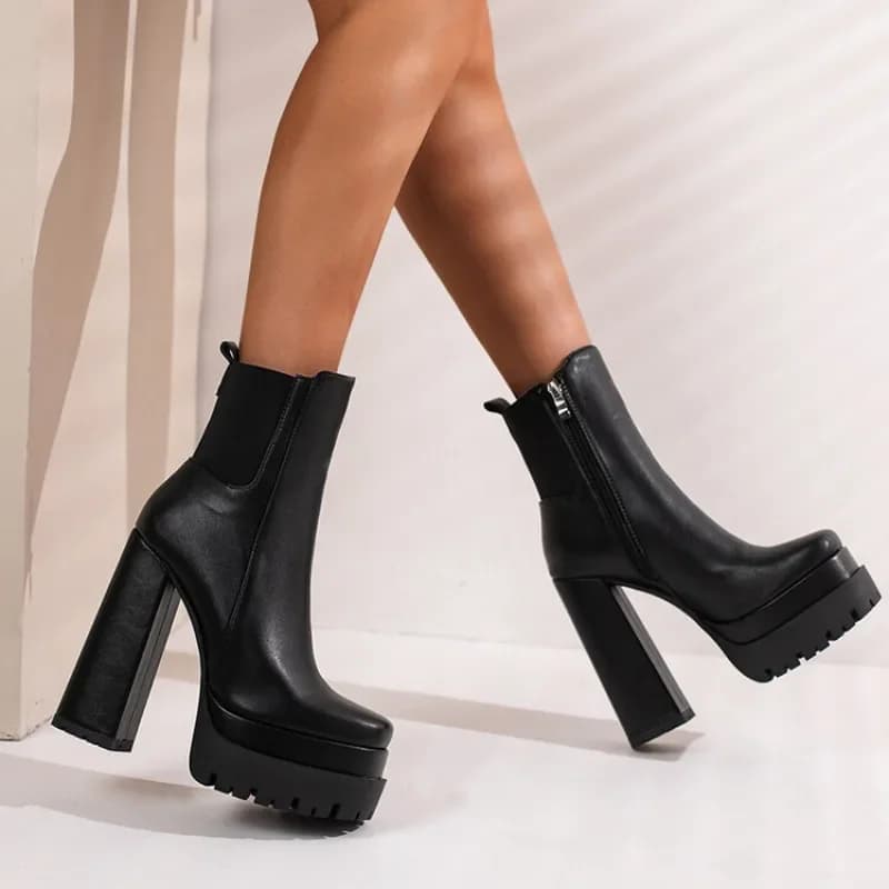 Winter Autumn Women Boots Sexy Mid Calf Boot Zipper Style PU 8CM  Heel  Square Head  and Women's Short Boots Black