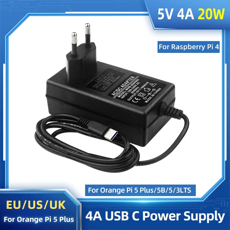 Orange Pi 5 Plus Power Adapter 5V 4A Charger 20W USB Type C Power Supply EU US UK Plug for OPI 5/5B/4 LTS Raspberry Pi 4B