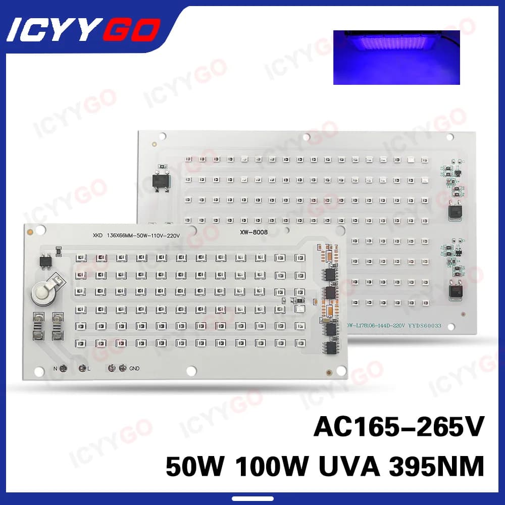 High Power 50W 100W UV 395nm SMD 2835 Purple LED Chip Light Board PCB Board Light Set Bare Board Light Source Panel