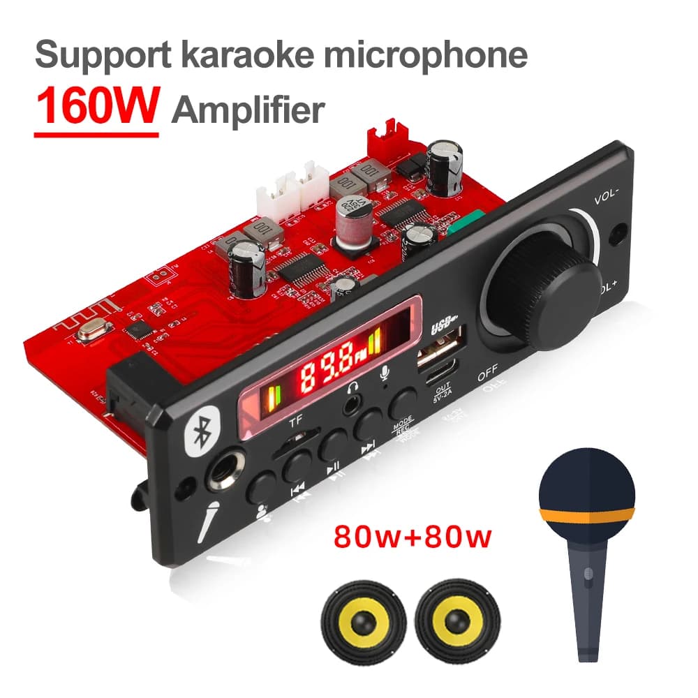 160W DIY Home Digital Amplifier MP3 Decoder Board 12V 80W Audio Power Bluetooth FM For Music Subwoofer Speakers Volume Control