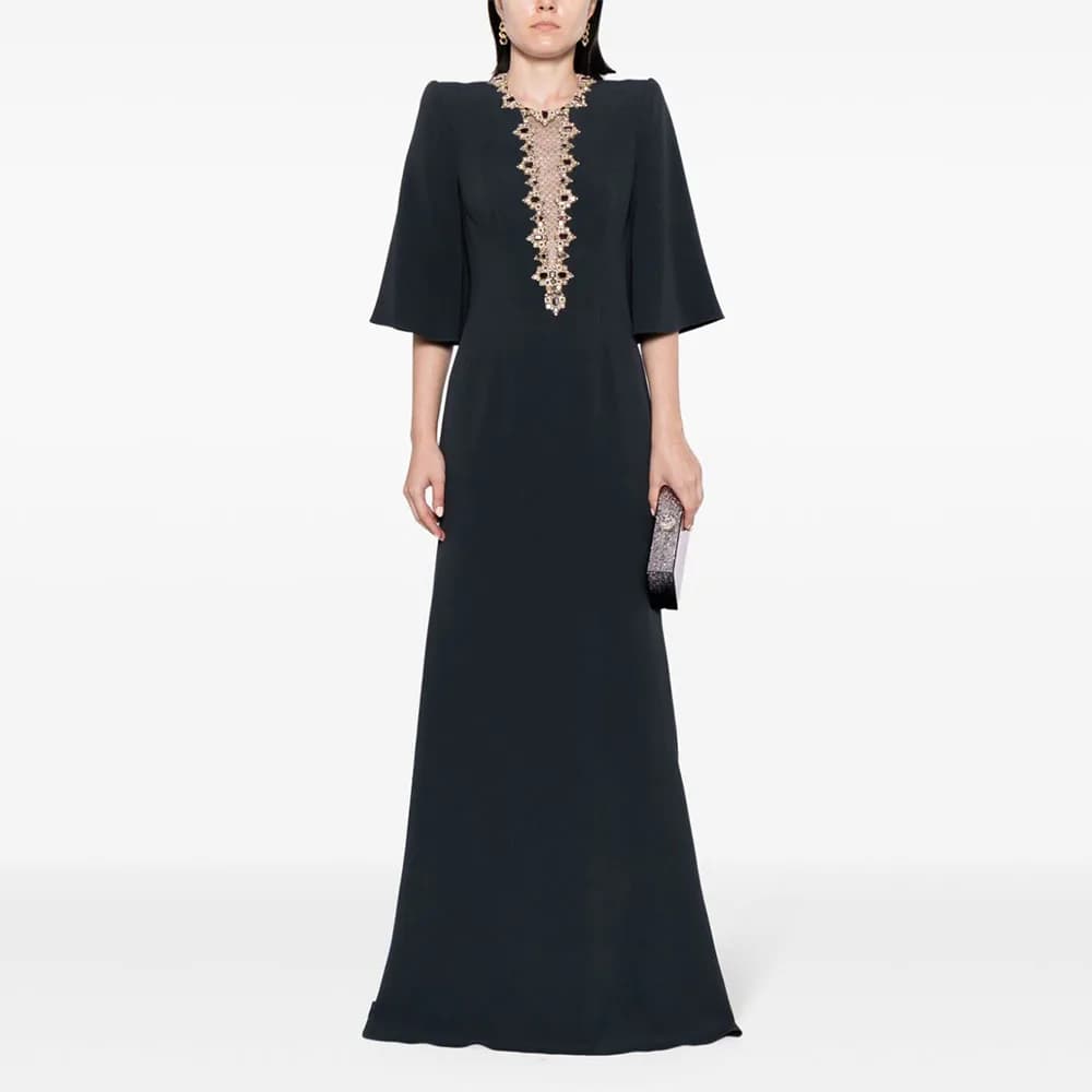 Black Wedding Guest Dresses for Women Crystal O Neck Elegant Evening Gowns 3/4 Sleeves Tumpet/Mermaid Formal Party Dress Long