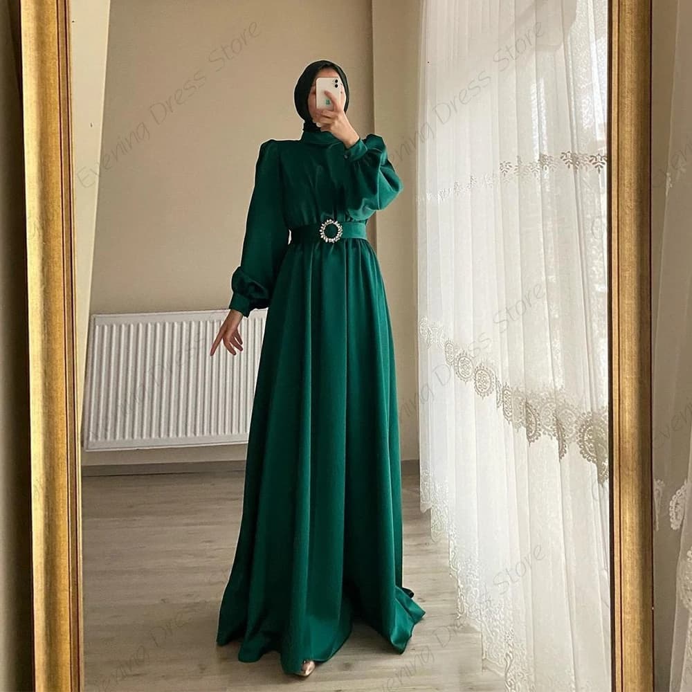 Customized Green Silk Stretch Satin Evening Dresses for Dubai Caftan Full Sleeve Prom Gowns Moroccan Vestido De Noche Summer