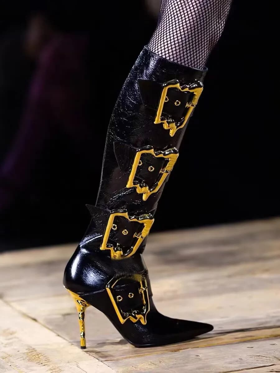 Women's New Fashion Knee Length Boots Pointed Belt Buckle Side Zipper Sexy Show Party Banquet Women's 44 Large Medium Boot