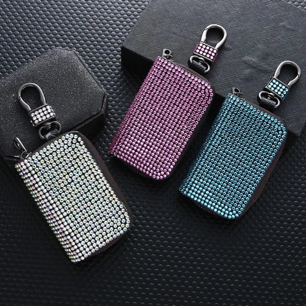 Car Organizer Bag Organizer Leather Keychain With Keyring Zipper Key Bag Keys Organizer Diamond Key Case Diamond Inlaid Key Bag