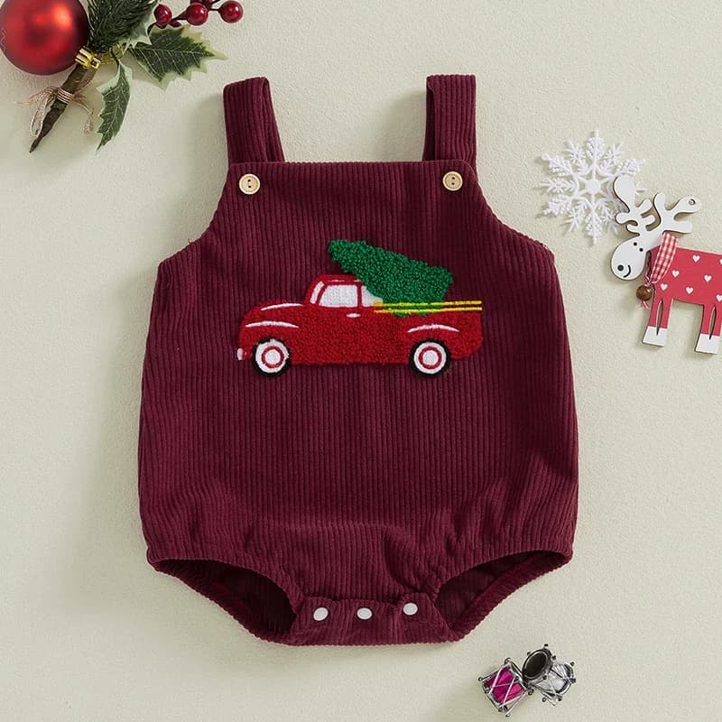Baby Girls Boys Ovrealls Rompers Christmas Clothes Truck Embroidered Sleeveless Corduroy Infant Romper Playsuit Jumpsuits